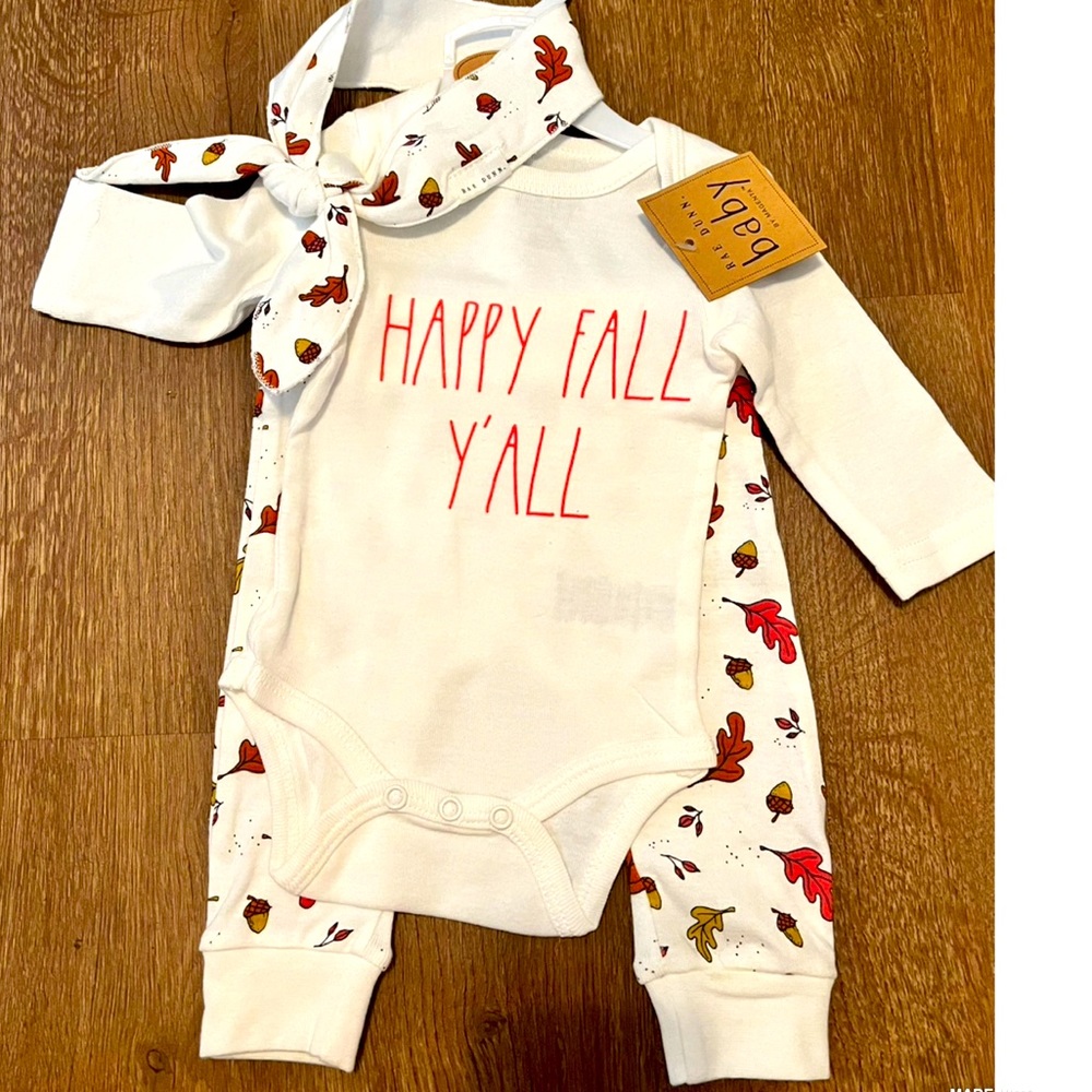 Rae Dunn NWT 0-3M Happy Fall Yall Onesies, headband, Pants Set